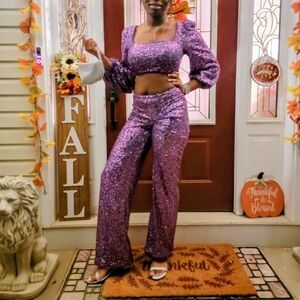 Purple Sequin Women's 2pc Crop Top and Pants